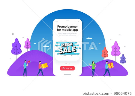 Mega sale badge banner. Phone ui interface banner. Discount sticker shape. Coupon promo tag. Mobile smartphone promo banner. Mega sale tag. Man with gift box. Vector 98064075