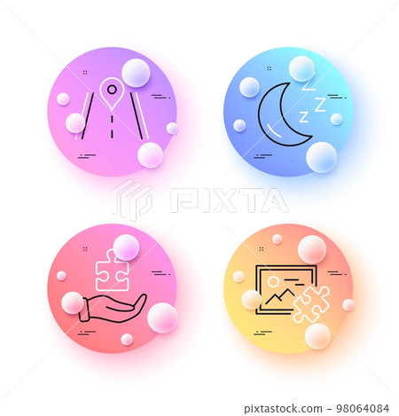 Puzzle image, Puzzle and Road minimal line icons. 3d spheres or balls buttons. Moon icons. For web, application, printing. Jigsaw picture, Jigsaw game, Journey highway. Night dream. Vector 98064084