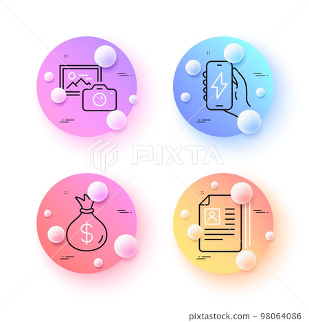 Money bag, Charging app and Cv documents minimal line icons. 3d spheres or balls buttons. Photo camera icons. For web, application, printing. Usd currency, Smartphone charger, Portfolio files. Vector Money bag, Charging app and Cv documents minimal line icons. 3d spheres or balls buttons. Photo camera icons. For web, application, printing. Usd currency, Smartphone charger, Portfolio files. Vector 98064086