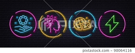 Idea, World mail and Employee hand minimal line icons. Neon laser 3d lights. Energy icons. For web, application, printing. Creative designer, Chat, Work gear. Thunderbolt. Neon lights buttons. Vector Idea, World mail and Employee hand minimal line icons. Neon laser 3d lights. Energy icons. For web, application, printing. Creative designer, Chat, Work gear. Thunderbolt. Neon lights buttons. Vector 98064116