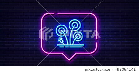 Neon light speech bubble. Fireworks line icon. Pyrotechnic salute sign. Carnival celebration lights symbol. Neon light background. Fireworks glow line. Brick wall banner. Vector 98064141