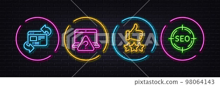 Online question, Refresh website and Rating stars minimal line icons. Neon laser 3d lights. Seo icons. For web, application, printing. Internet faq, Update internet, Thumb up. Search target. Vector Online question, Refresh website and Rating stars minimal line icons. Neon laser 3d lights. Seo icons. For web, application, printing. Internet faq, Update internet, Thumb up. Search target. Vector 98064143