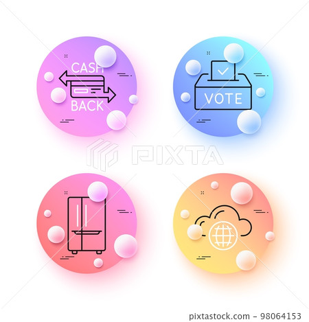Refrigerator, Cashback card and Cloud computing minimal line icons. 3d spheres or balls buttons. Vote box icons. For web, application, printing. Vector Refrigerator, Cashback card and Cloud computing minimal line icons. 3d spheres or balls buttons. Vote box icons. For web, application, printing. Vector 98064153
