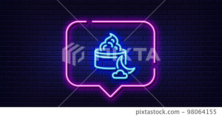 Neon light speech bubble. Night face cream line icon. Skin care sign. Cosmetic lotion symbol. Neon light background. Night cream glow line. Brick wall banner. Vector 98064155