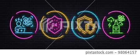 24 hours, Shields and Difficult stress minimal line icons. Neon laser 3d lights. Alcohol addiction icons. For web, application, printing. Protection, Safe secure, Work pressure. Confused mind. Vector 24 hours, Shields and Difficult stress minimal line icons. Neon laser 3d lights. Alcohol addiction icons. For web, application, printing. Protection, Safe secure, Work pressure. Confused mind. Vector 98064157