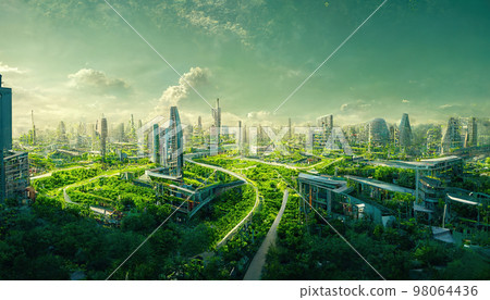 AI generated city covered with green trees and plant. Digital art AI generated image AI generated city covered with green trees and plant. Digital art AI generated image 98064436