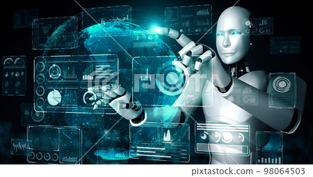 AI hominoid robot touching virtual hologram screen showing concept of big data 98064503