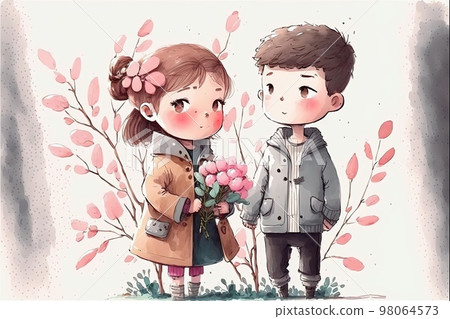 cute girl with a cute boy cartoon romance love image Generative AI