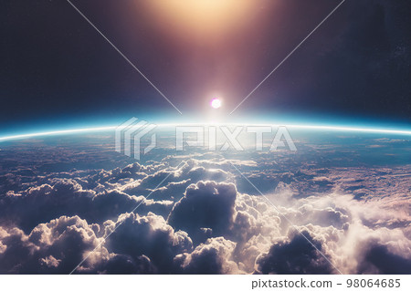 Splendid cloudscape above earth's atmosphere with starry space at horizon. 98064685