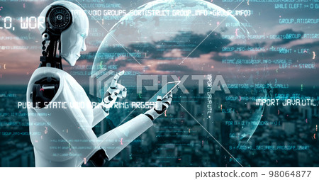 Futuristic robot artificial intelligence huminoid AI programming coding Futuristic robot artificial intelligence huminoid AI programming coding 98064877