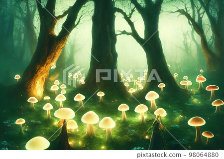 AI generated forest with big tree and glow mushroom digital art AI generated image. AI generated forest with big tree and glow mushroom digital art AI generated image. 98064880