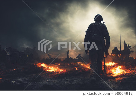 Splendid digital art AI generated image war concept of ruined landscape. Splendid digital art AI generated image war concept of ruined landscape. 98064912