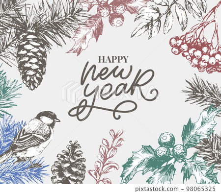 Happy New Year Abstract Botanical Card with Square Frame Banner and Modern Typography. Green and Pink Pastel Colors Greeting Layout. Isolated. 98065325