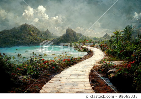 AI generated digital art AI generated image of paradise jungle natural landscape. AI generated digital art AI generated image of paradise jungle natural landscape. 98065335