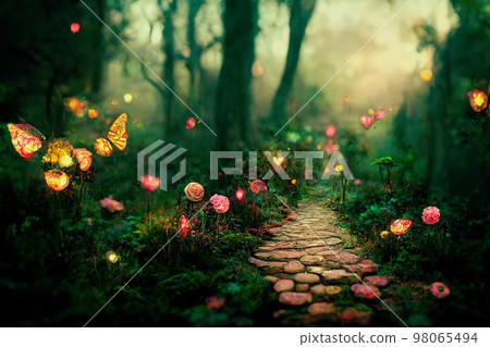 AI generated enchanted forest in spring with pathway. Digital art AI generated image AI generated enchanted forest in spring with pathway. Digital art AI generated image 98065494