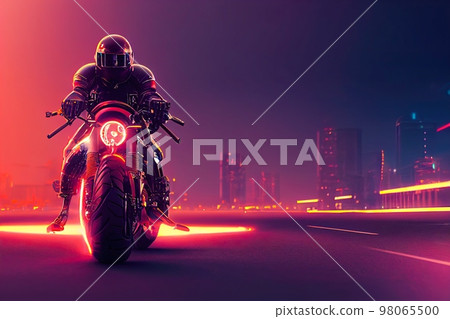AI generated digital art AI generated image of a cyberpunk rider on a future bike. AI generated digital art AI generated image of a cyberpunk rider on a future bike. 98065500