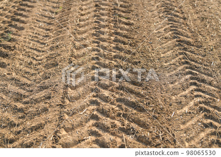 The traces of a tractor after harvesting flax 98065530