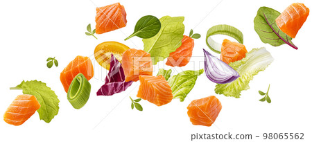 Falling salmon salad ingredients isolated on white background Falling salmon salad ingredients isolated on white background 98065562