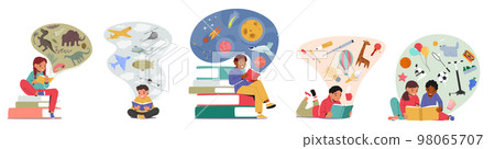 Children in Library, Back to School, Education, Knowledge Concept. Little Kids Reading Books, Boys and Girls Learning 98065707