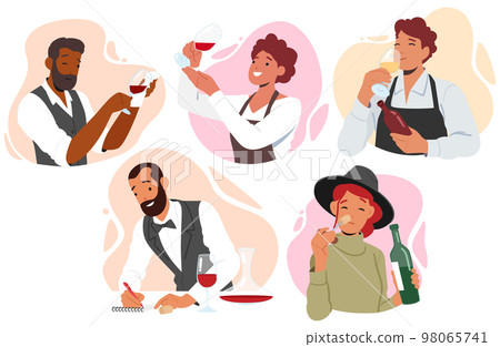 Set of Sommelier or Stewards Wine Degustation. Restaurant Expert Characters Serving Drinks, Provide Wine Service Set of Sommelier or Stewards Wine Degustation. Restaurant Expert Characters Serving Drinks, Provide Wine Service 98065741