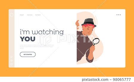 Spying Landing Page Template. Male Character Detective, Secret Service Agent, Investigator or Business Competitor Spying Landing Page Template. Male Character Detective, Secret Service Agent, Investigator or Business Competitor 98065777