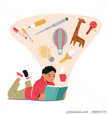 Little Boy Reading Books Lying on Floor, Kid Character Studying, School Child Learning Classes or Enjoying Reading 98065778