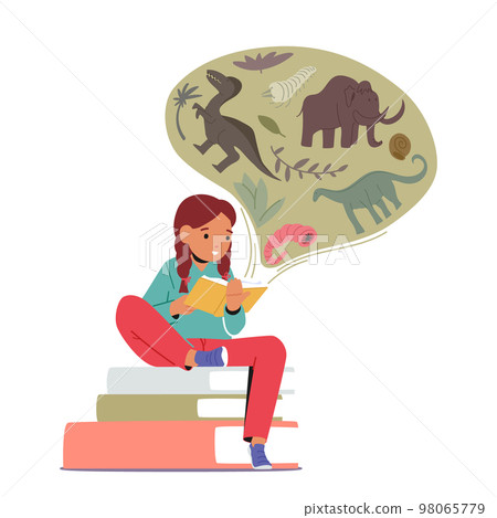 Girl Teenager Characters Studying Prehistoric Animals and Dinosaur History from Book. School Education, Knowledge 98065779