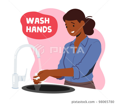 Health Care and Immunity Boost Concept with Happy Woman Washing Hands, Hygiene Procedure Banner with Female Character 98065780