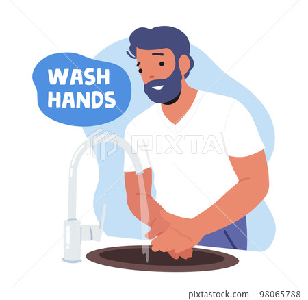 Man Washing Hands, Hygiene Procedure Banner with Male Character Wash Palms with Soap under Water Jet Man Washing Hands, Hygiene Procedure Banner with Male Character Wash Palms with Soap under Water Jet 98065788