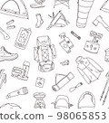 Line icon style seamless vector pattern background of hiking, trekking or camping objects or equipment.  98065853