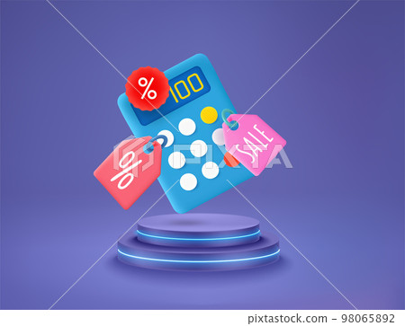 Shopping concept with calculator, tags and neon podium. Vector 3d illustration Shopping concept with calculator, tags and neon podium. Vector 3d illustration 98065892