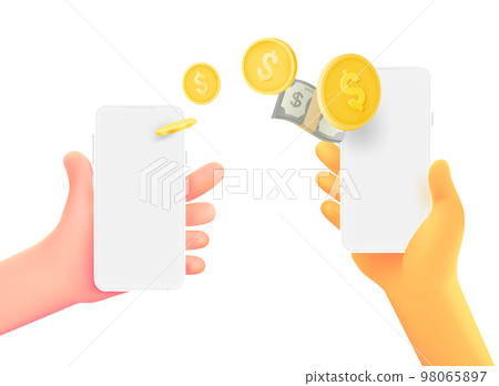 Money transfer using smartphones concept. Minimal style 3d vector illustration Money transfer using smartphones concept. Minimal style 3d vector illustration 98065897