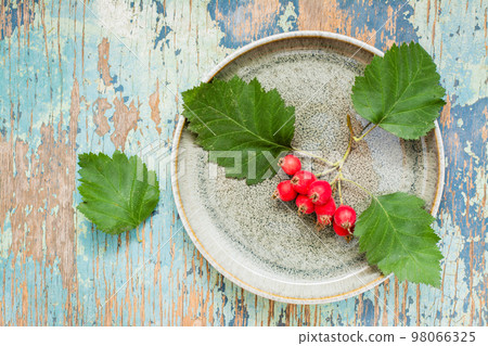 Hawthorn branch with berries and leaves on a plate on a rustic background. Top view Hawthorn branch with berries and leaves on a plate on a rustic background. Top view 98066325