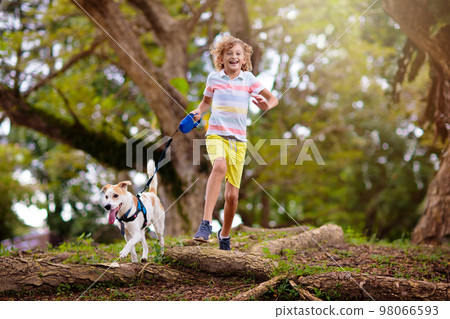 Child and dog walk in summer park 98066593