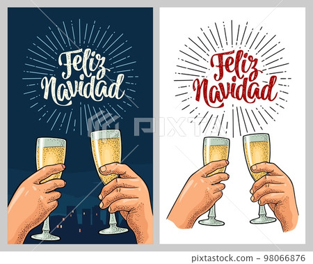 Female and male hands holding and clinking with two glasses champagne. 98066876