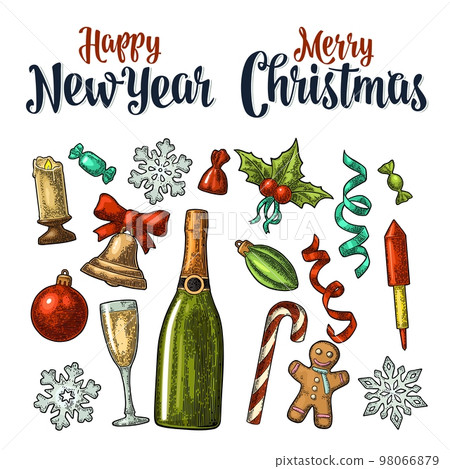 Merry Christmas and New Year set. Vector vintage color engraving 98066879