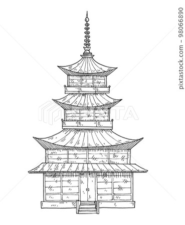Pagoda japanese temple. Vintage engrave monochrome black 98066890