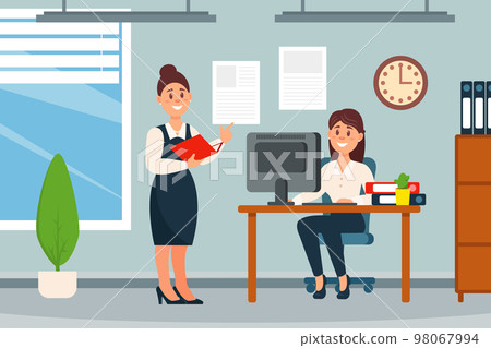 Office characters talking together at workplace. Manager woman giving instructions to female subordinate. Positive communication of colleagues cartoon vector 98067994