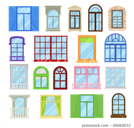 Window frames set. view isolated on house wall. Retro, classic and modern windows architectural elements flat vector illustration 98068032