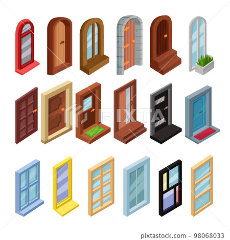 Set of wooden closed doors and windows. House, office, entrance architectural elements isometric vector illustration Set of wooden closed doors and windows. House, office, entrance architectural elements isometric vector illustration 98068033