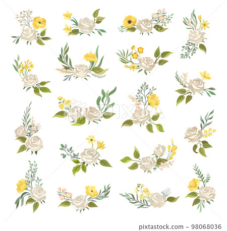 White Rose Flower Composition with Twig and Branches Big Vector Set White Rose Flower Composition with Twig and Branches Big Vector Set 98068036