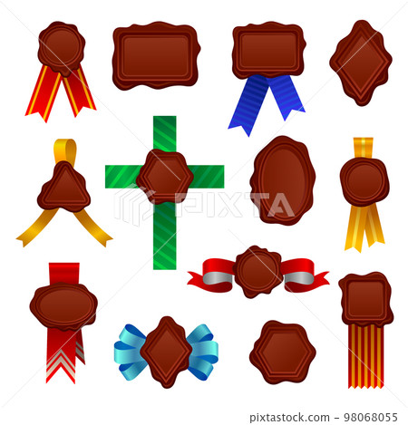 Wax seal with ribbons set. Premium quality and guarantee labels vector illustration Wax seal with ribbons set. Premium quality and guarantee labels vector illustration 98068055