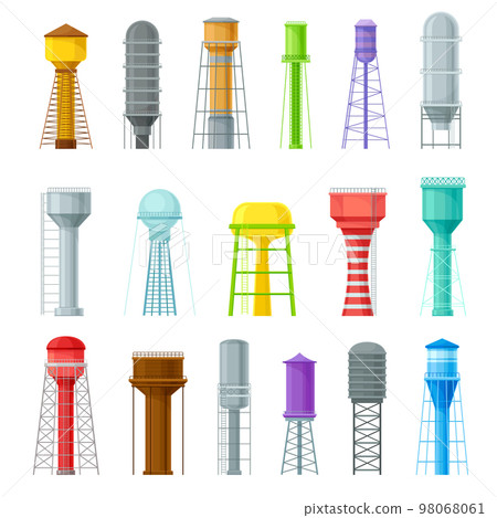 Water tower industrial constructions set. Water reservoir, tank for water storage vector illustration 98068061