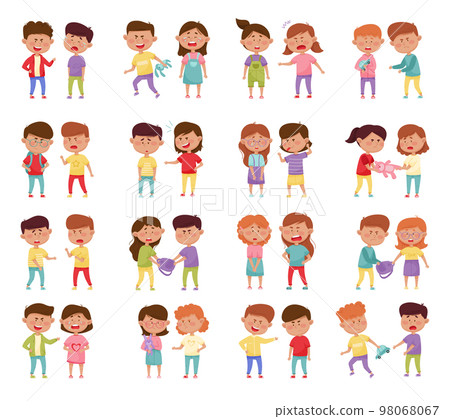 Angry Kids Bullying and Abusing the Weak Agemate Teasing and Laughing at Them Big Vector Set 98068067