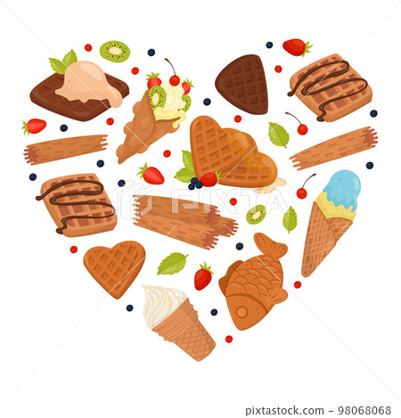 Waffles in heart shape. Tasty desserts with cream, berries and fruits for breakfast menu banner, poster, card design template cartoon vector 98068068