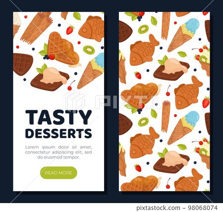 Tasty desserts mobile app template. Crispy waffles landing page, card, menu, leaflet, flyer with delicious desserts seamless pattern cartoon vector 98068074