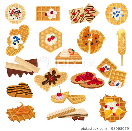 Delicious Crispy Waffles and Wafer Dessert with Berry, Cream and Chocolate Big Vector Set 98068079