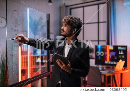 Confident businessman planning project on board in office Confident businessman planning project on board in office 98068495