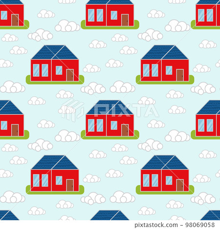 Red town houses. Seamless pattern. With blue roof Red town houses. Seamless pattern. With blue roof 98069058