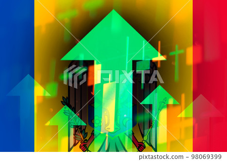 Increasing green arrows on the background of Moldova flag, showing a trend of the economy in global crisis. April 2022, San Francisco, USA Increasing green arrows on the background of Moldova flag, showing a trend of the economy in global crisis. April 2022, San Francisco, USA 98069399